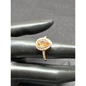 Elegant Teardrop Citrine Halo Ring Gold Pave Diamond Accents Marked FD 925 China